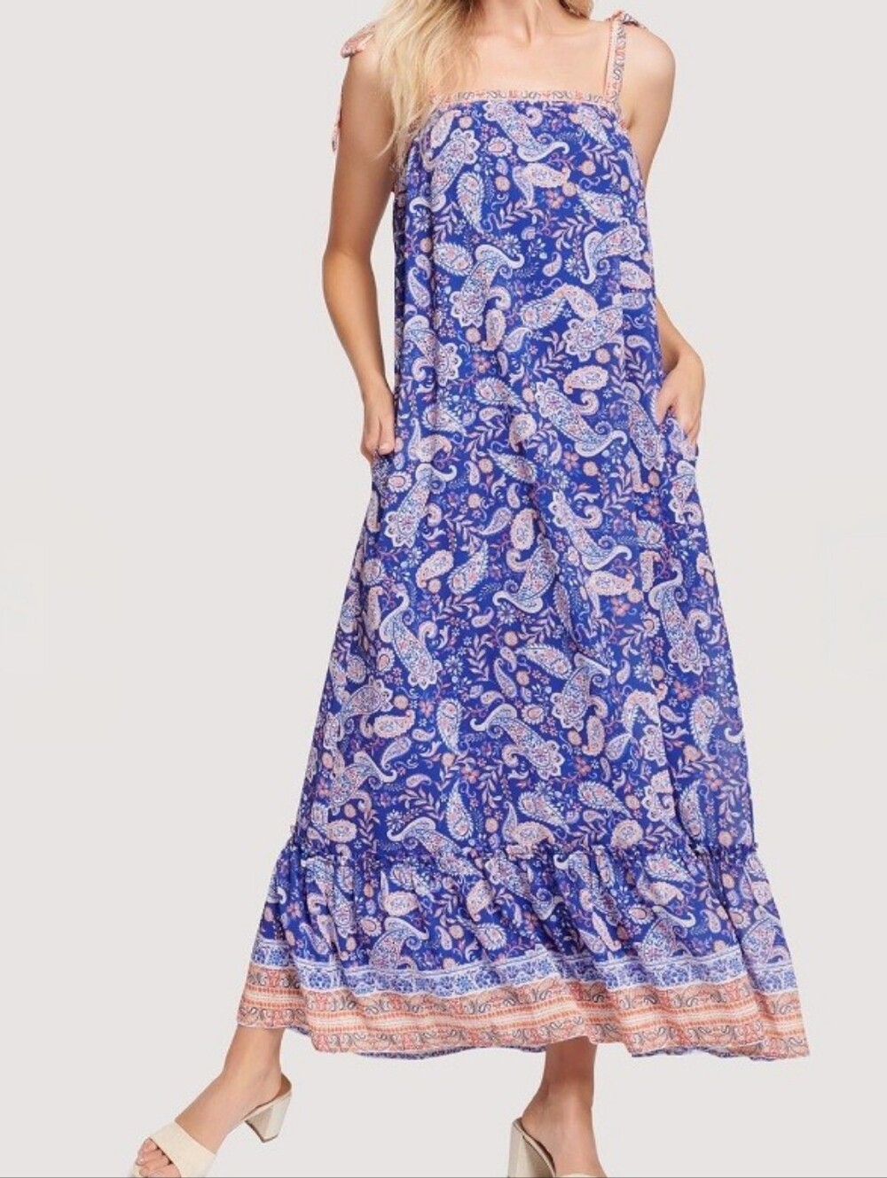 Anthropologie Lost + Wander Sunday Stroll  Blue Paisley Maxi Dress Boho Small